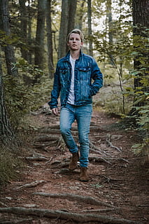 men's blue denim button-up jacket between trees, people, human HD wallpaper