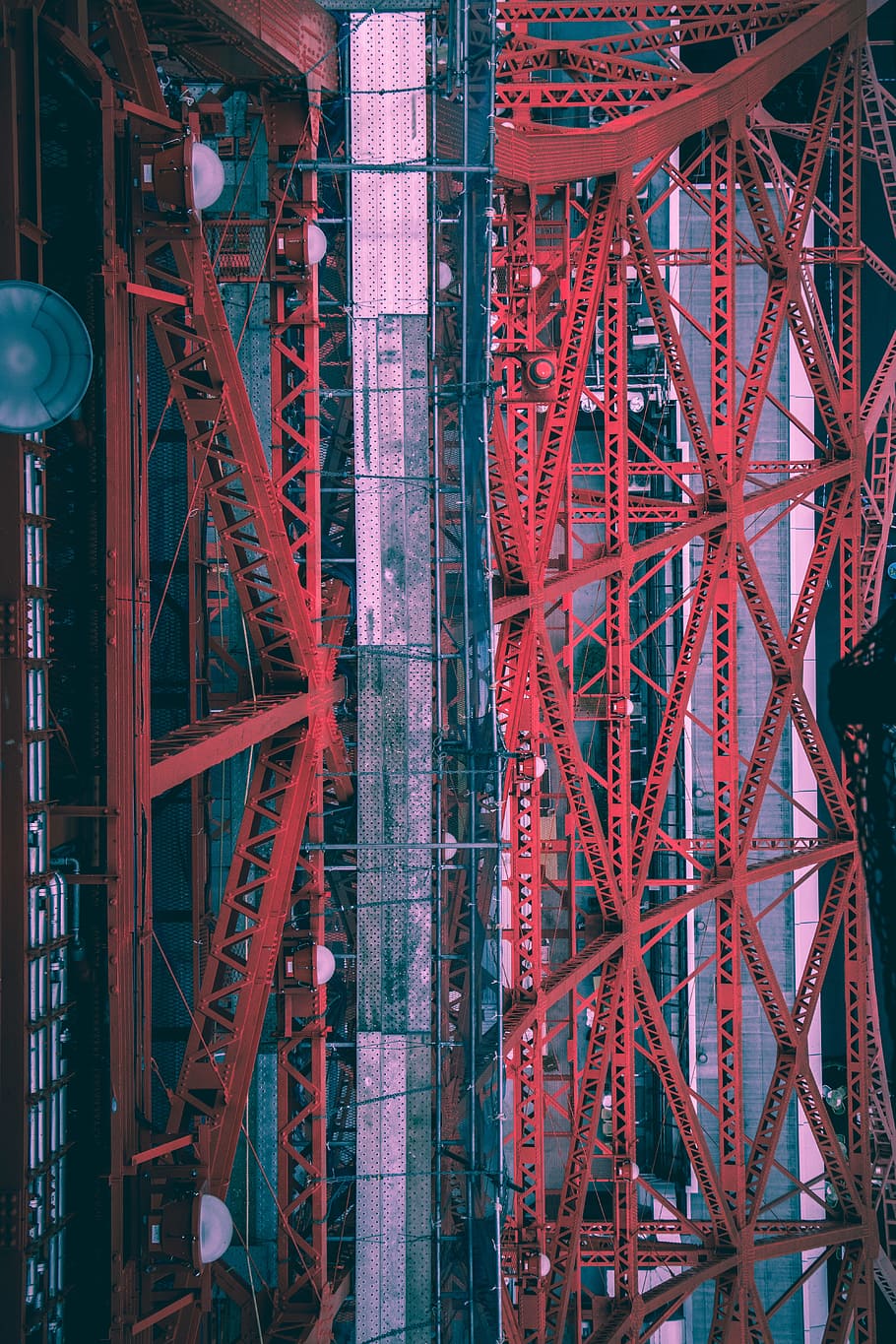 red and gray metal frame, drone view, aerial view, bridge, structure HD wallpaper