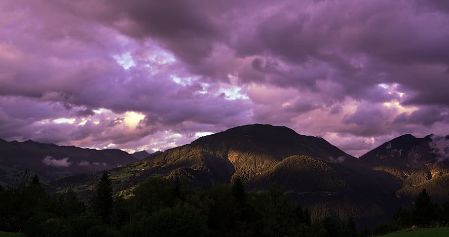 Brown Mountain Under Cloudy Sky during Sunset, clouds, conifer, HD wallpaper