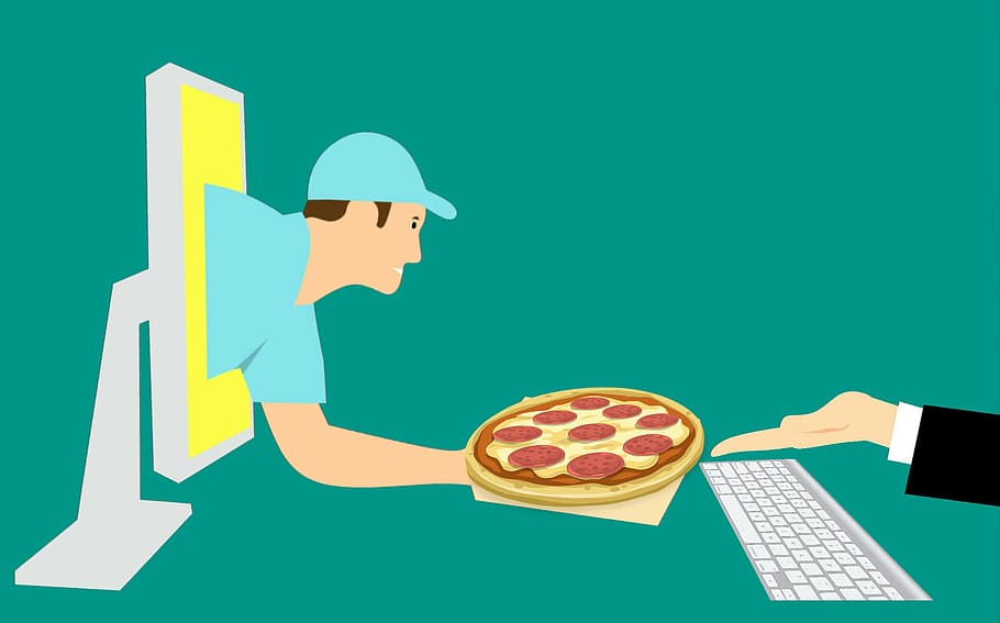 Illustration of ordering pizza online and receiving delivery.
