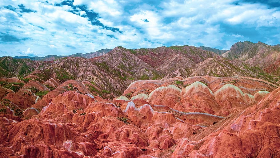 blue, red, mountain, danxia, cloud - sky, rock, rock - object HD wallpaper