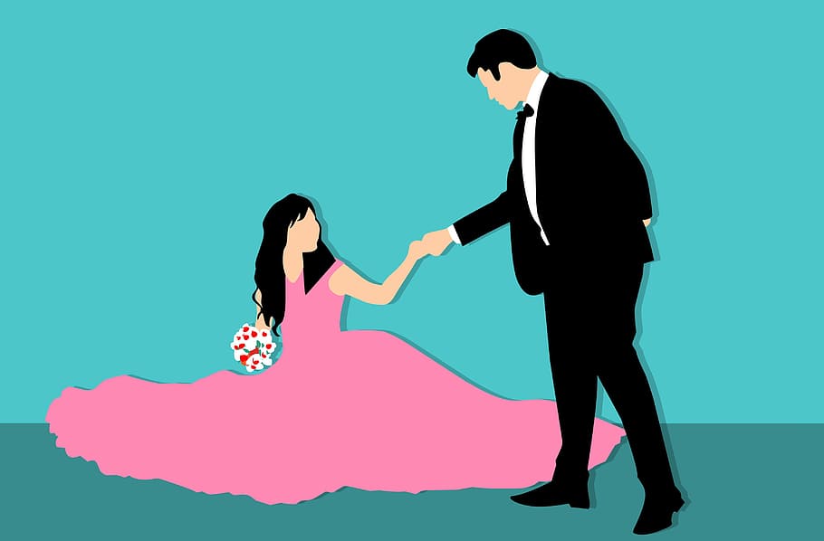 Illustration of bride and groom - bride in pink, couple, dress