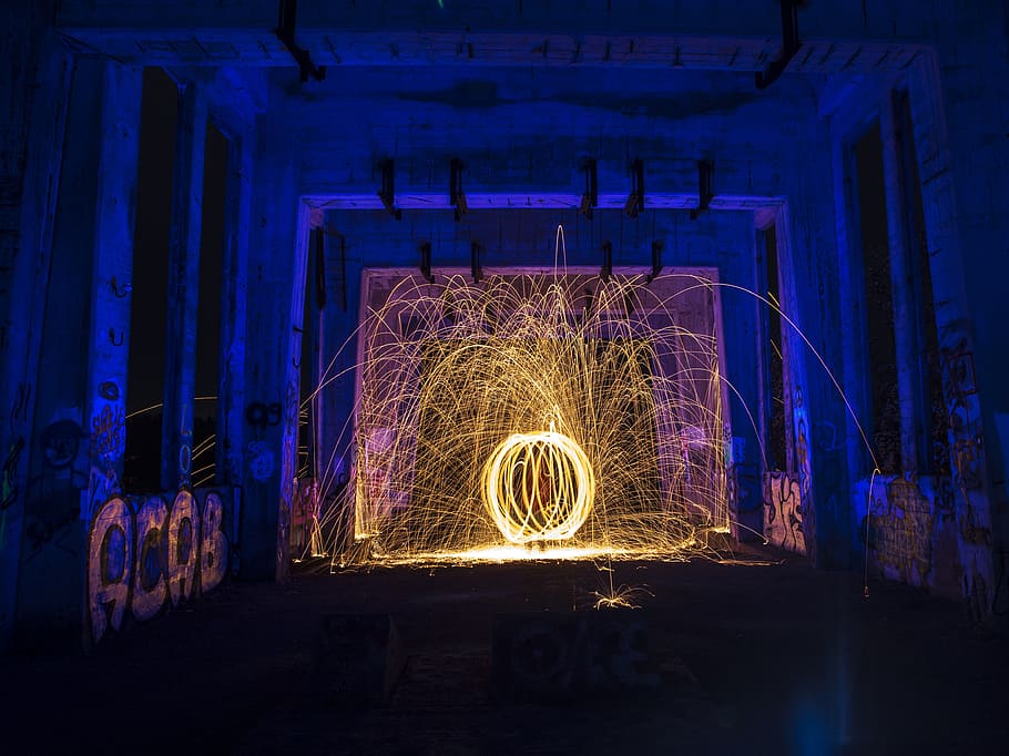 light, illuminated, darkness, steel wool, lost place, wire wool HD wallpaper