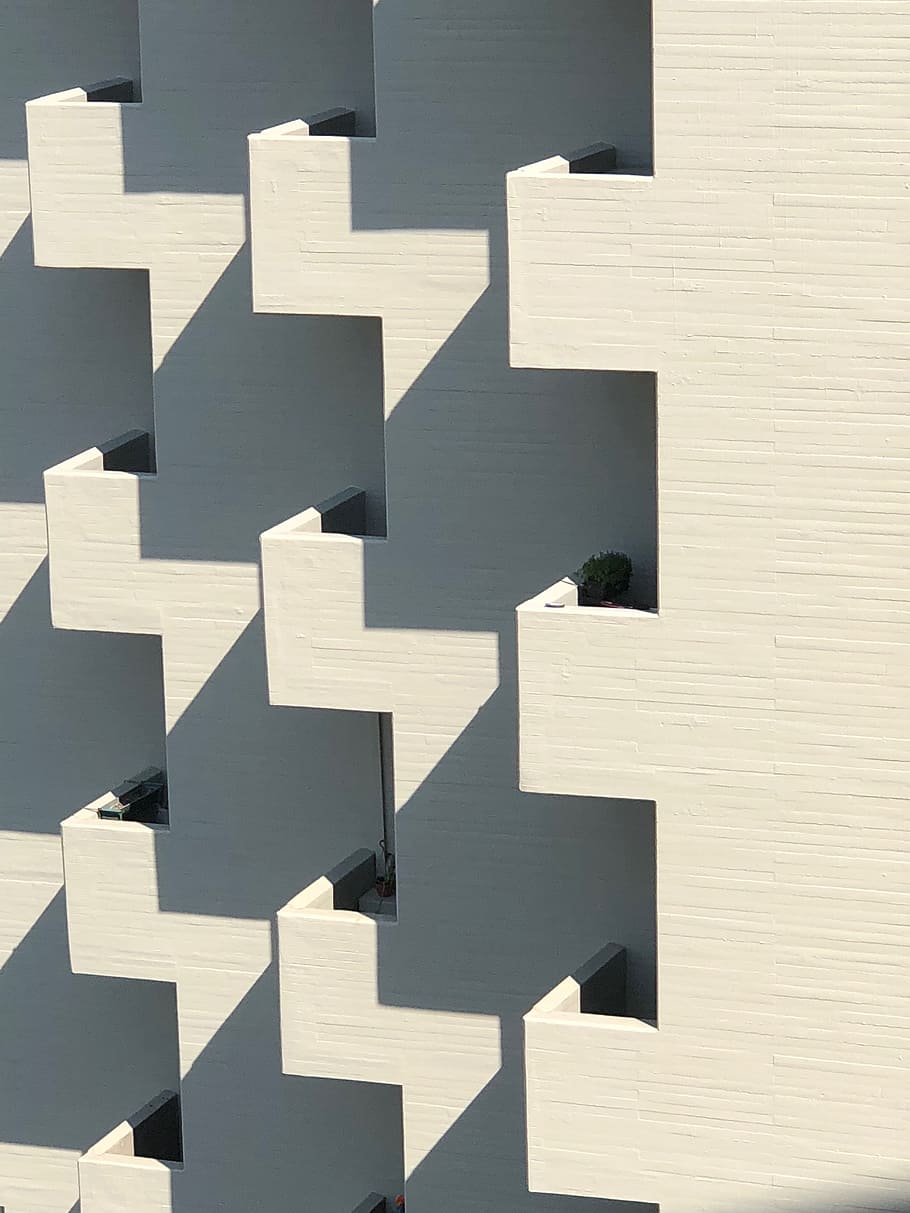 white concrete building, wall, balcony, sunlight, shadow, shape HD wallpaper