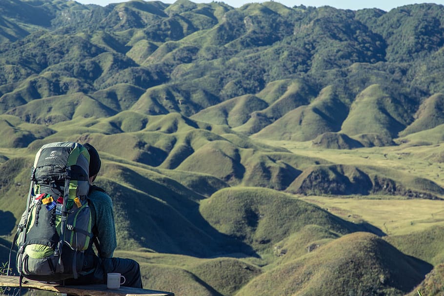 man sitting looking at mountains, backpack, bag, range, rucksack HD wallpaper