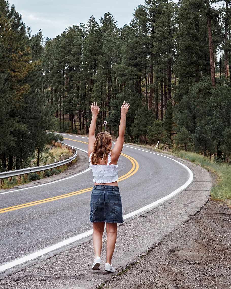 tree, human arm, road, rear view, arms raised, plant, full length HD wallpaper