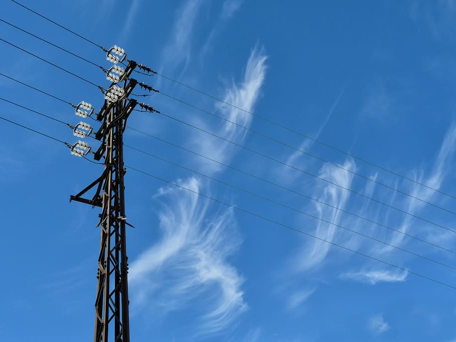 pylon, clouds, sky, lines, power line, technology, electricity HD wallpaper