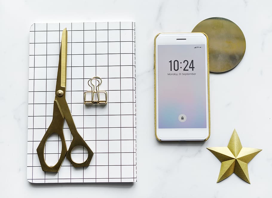 White Android Smartphone Beside Scissors on White Textile, background HD wallpaper