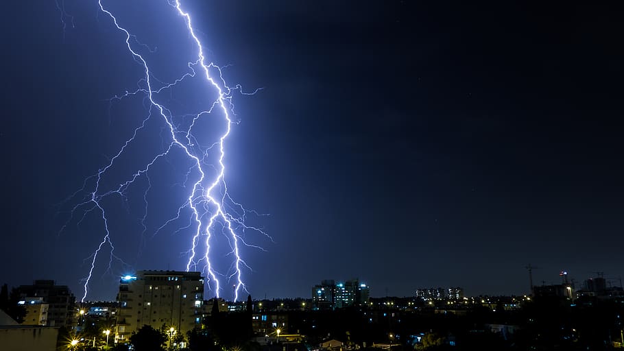 lightning through the city, nature, outdoors, petah tikva, storm, HD wallpaper