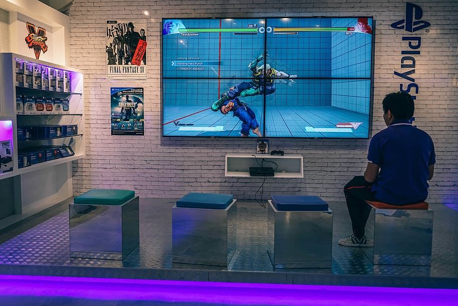 playstation, game, tv, screen, bench, people, man, guy, alone HD wallpaper