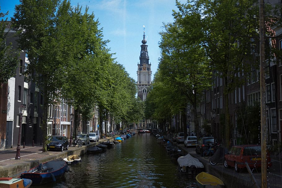 amsterdam, trees, church, clocktower, canal, canals, 80s, retro HD wallpaper