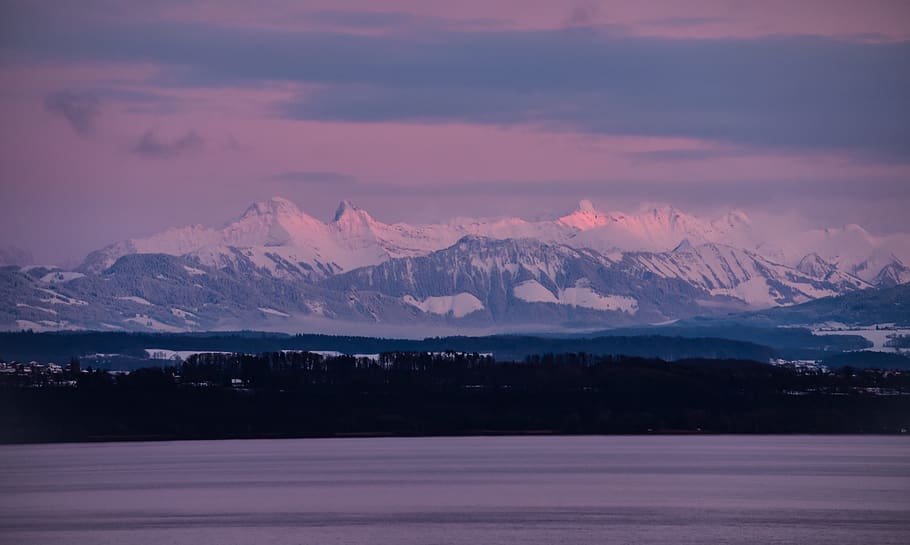 mountains, lake, twilight, colors, lake of neuchâtel, alps HD wallpaper