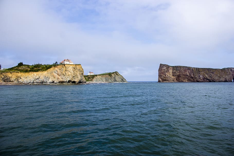 canada, percé, ocean, rocks, island, quebec, water, sea, sky HD wallpaper