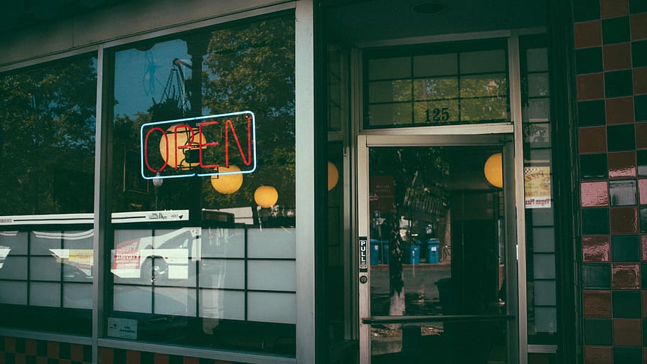 open, sign, store front, facade, door, restaurant, glass - material HD wallpaper