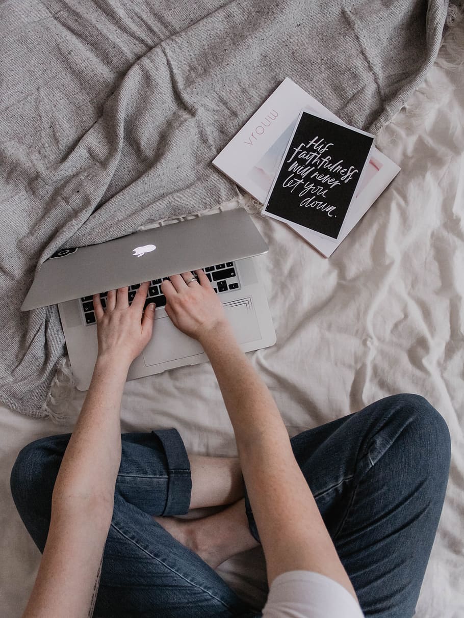 person using MacBook Air, flatlay, magazine, woman, minimal, faith, HD wallpaper