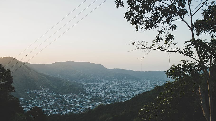 forest, city, mountain, sunset, trees, leaves, wires, mountains HD wallpaper