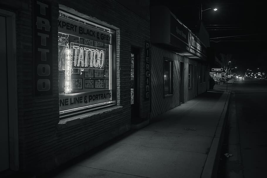 Tattoo Shop, architecture, black-and-white, building, business, HD wallpaper