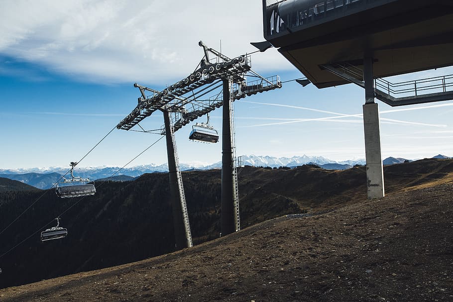 cable car on hills, transportation, vehicle, boat, power lines HD wallpaper