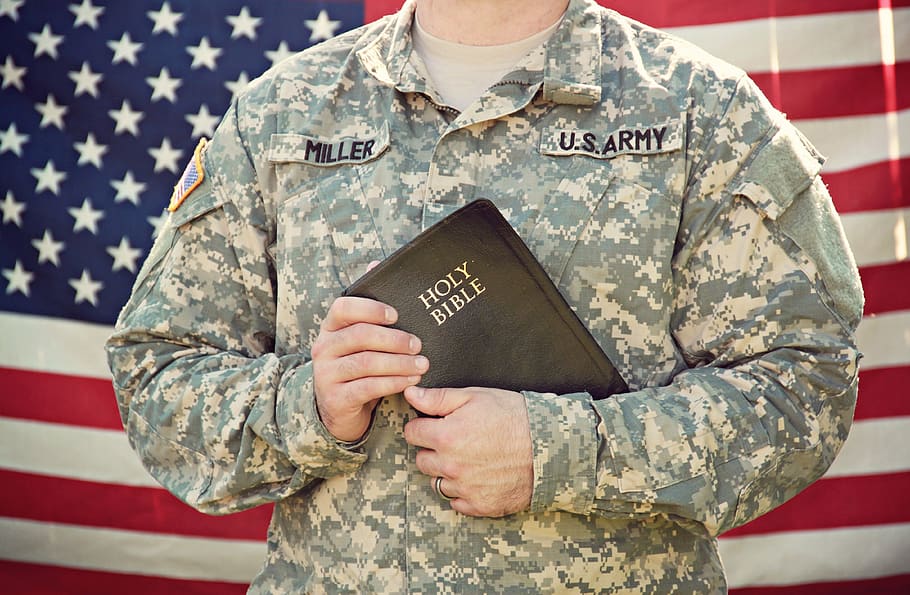 Man Holding Bible, air force, america, American flag, army, camouflage