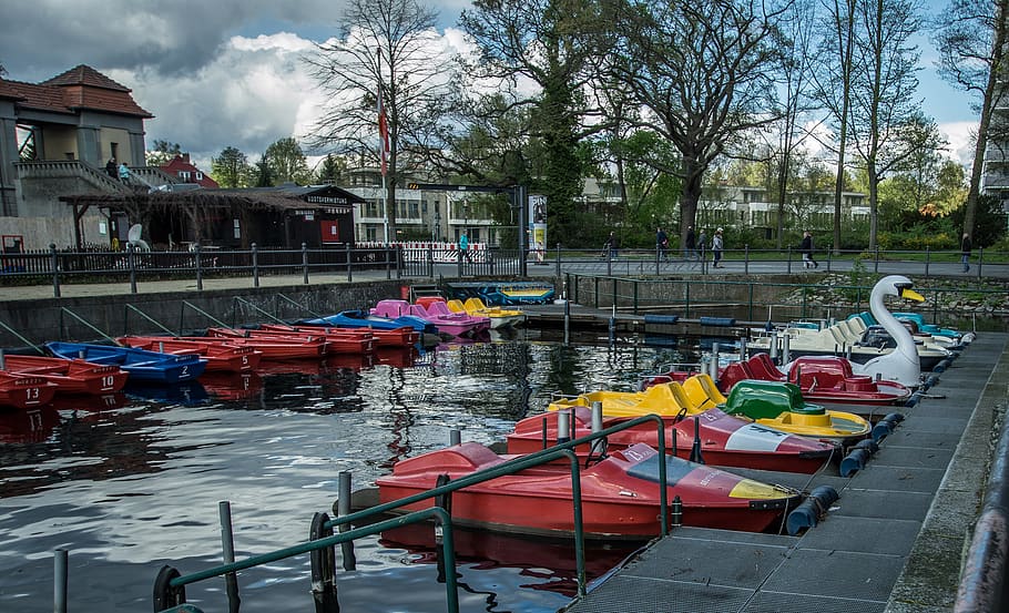 pedal boats, pier, jetty, leisure, dock, investors, water sports, HD wallpaper
