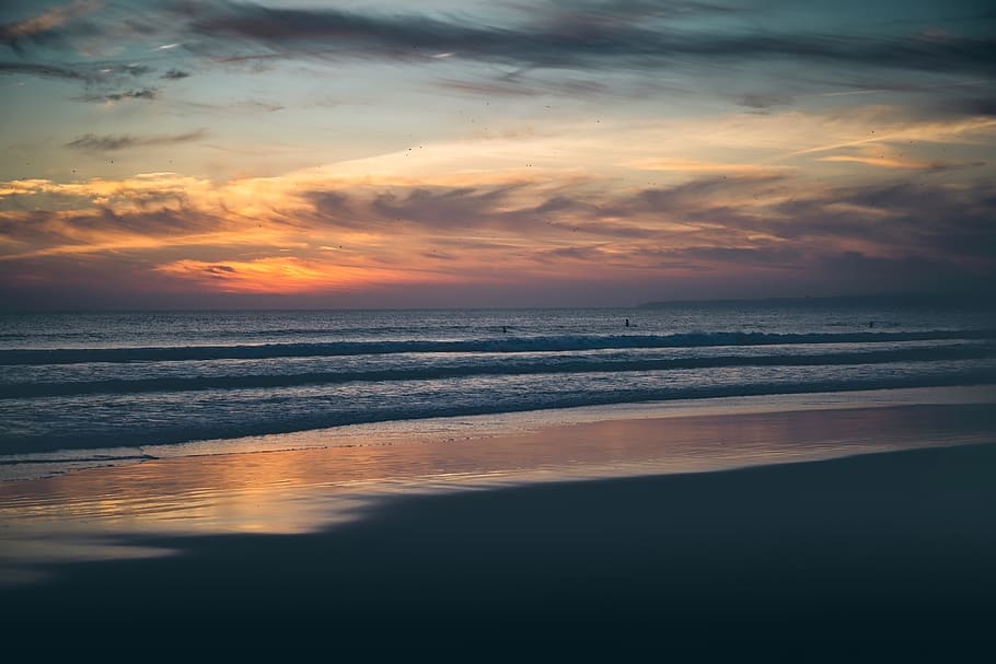 dusk, beach, surfer, ocean, sunset, water, sky, winter, landscape HD wallpaper