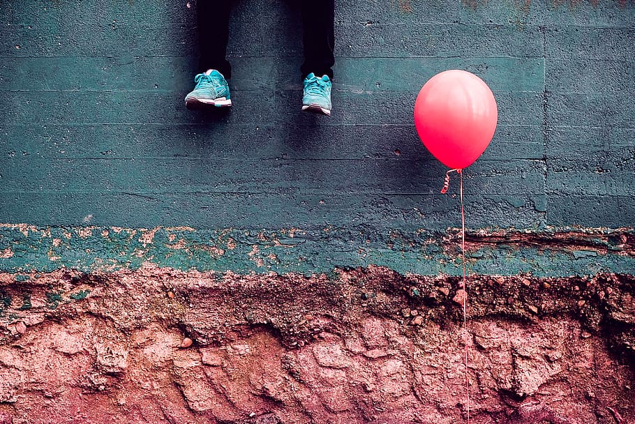 red balloon, wall, day, wall - building feature, brick, brick wall HD wallpaper