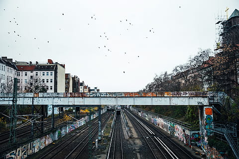 Graffiti walls near a train subway bridge and tracks, architecture HD wallpaper