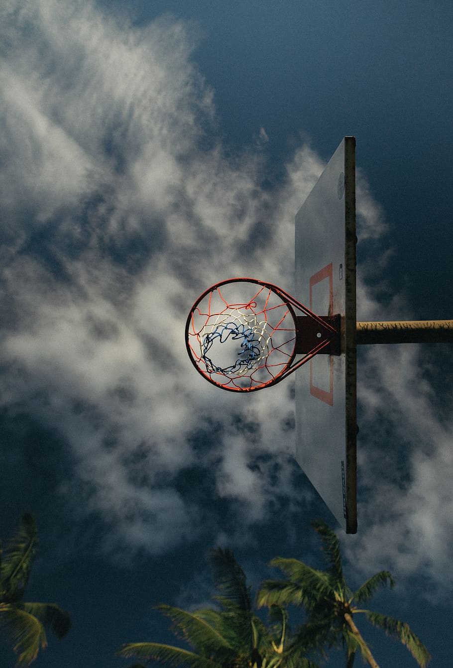 basketball hoop, basketball - sport, sky, cloud - sky, low angle view HD wallpaper