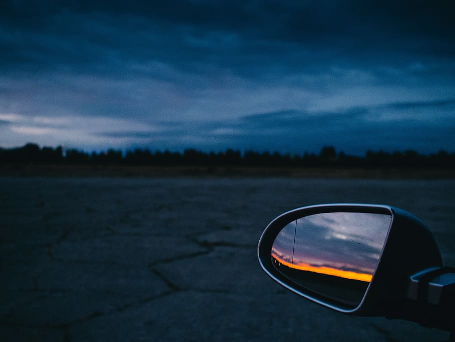 sunset, dusk, night, evening, sky, clouds, mirror, car, pavement HD wallpaper
