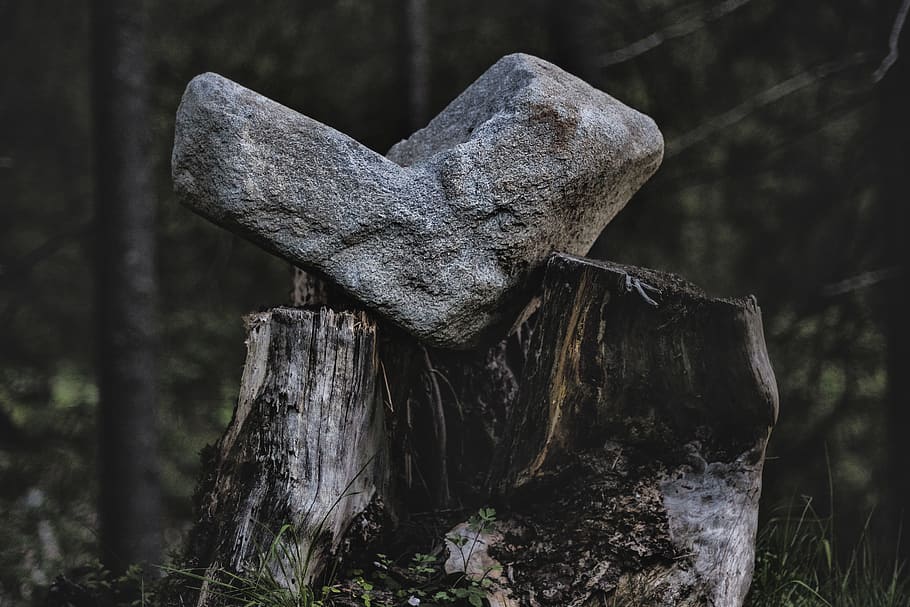 Gray Rock on Black and Gray Wood, dark, daylight, environment HD wallpaper