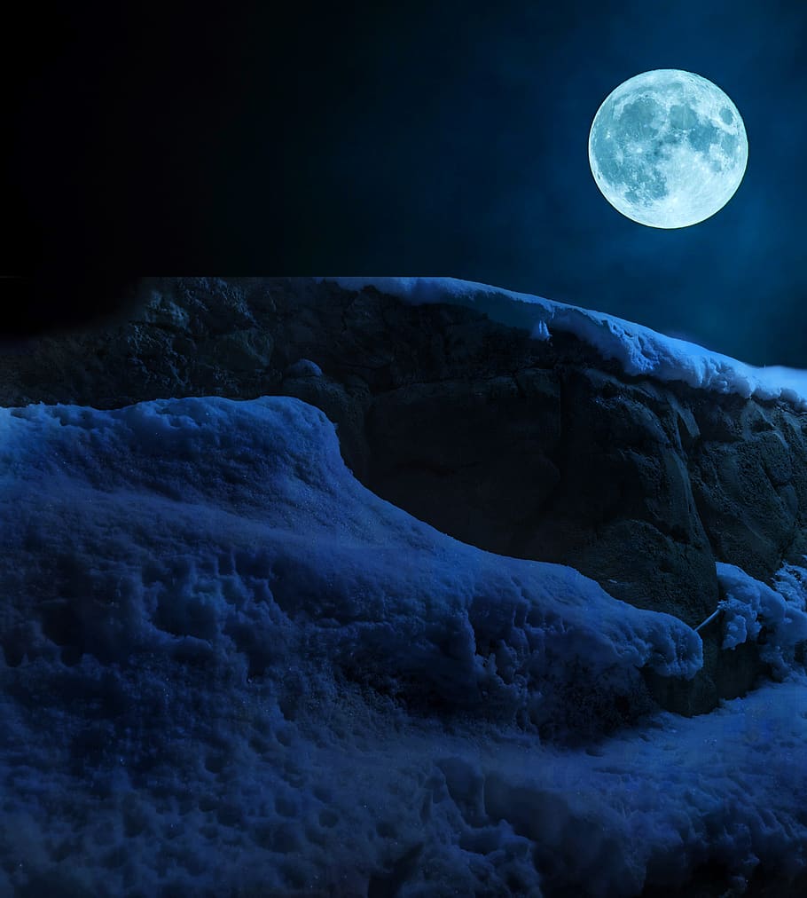 snow, fullmoon, night, mountain, landscape, astronomy, space HD wallpaper