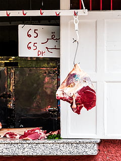 morocco, marrakesh, hook, hanging, meat market, sign, beef HD wallpaper