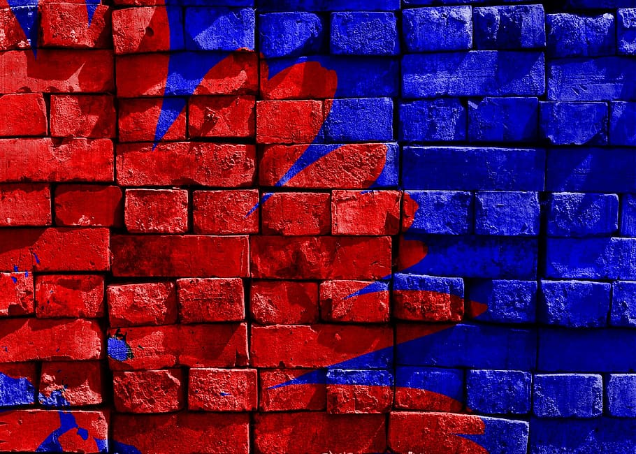 Blue and Red Brick Filled, art, artwork, brick wall, bricks, full frame HD wallpaper