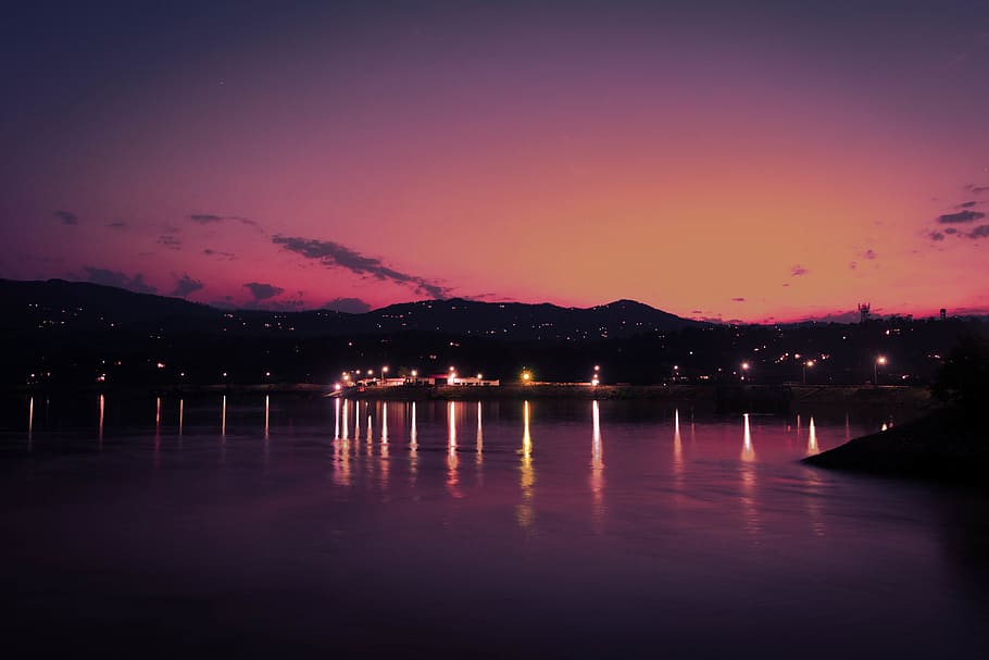 sunset, mountains, lake, night, moody, lights, sky, water, reflection HD wallpaper
