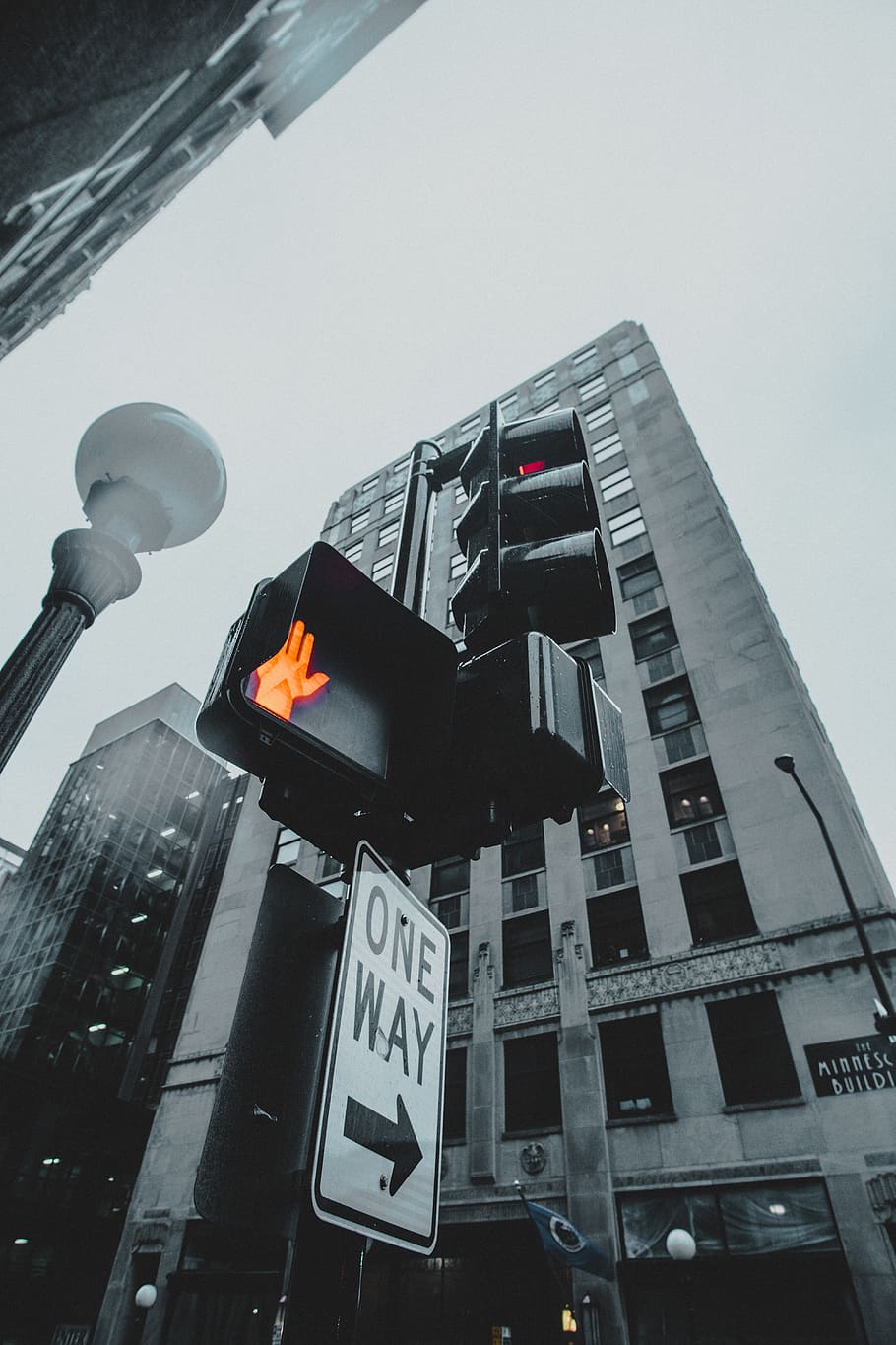 traffic light on stop beside lamp post, low angle view, built structure HD wallpaper