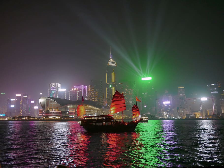 hong kong, star ferry pier, victoria harbor, junk boat, asian boat