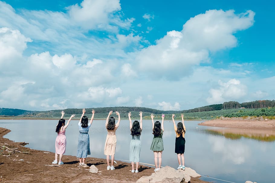 Six Girls Raise Their Hands in Front of Body of Water, beach HD wallpaper