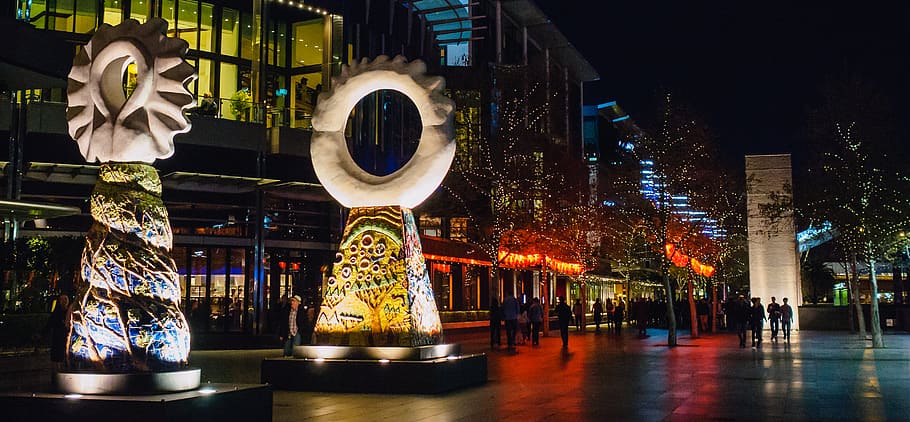 australia, melbourne, lights, trees, landscape, statue, scultpure HD wallpaper