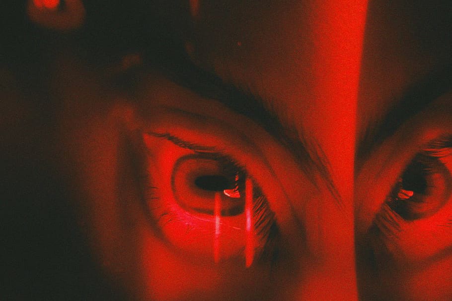 red and black LED light, human, person, neon, face, head, glass HD wallpaper