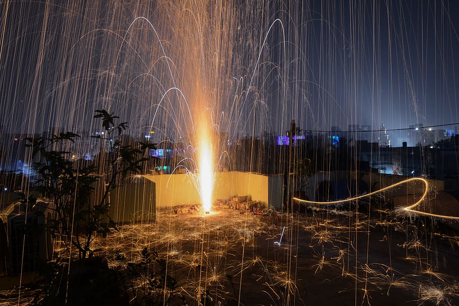 Steel Wool Photography of Plant on Roof Top during Nighttime HD wallpaper