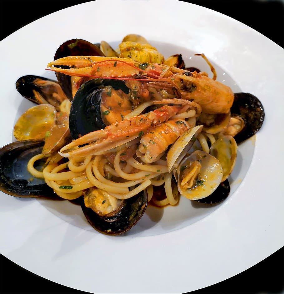 spaghetti, pasta, seafood, mold, lobster, plate, flat, shells, HD wallpaper