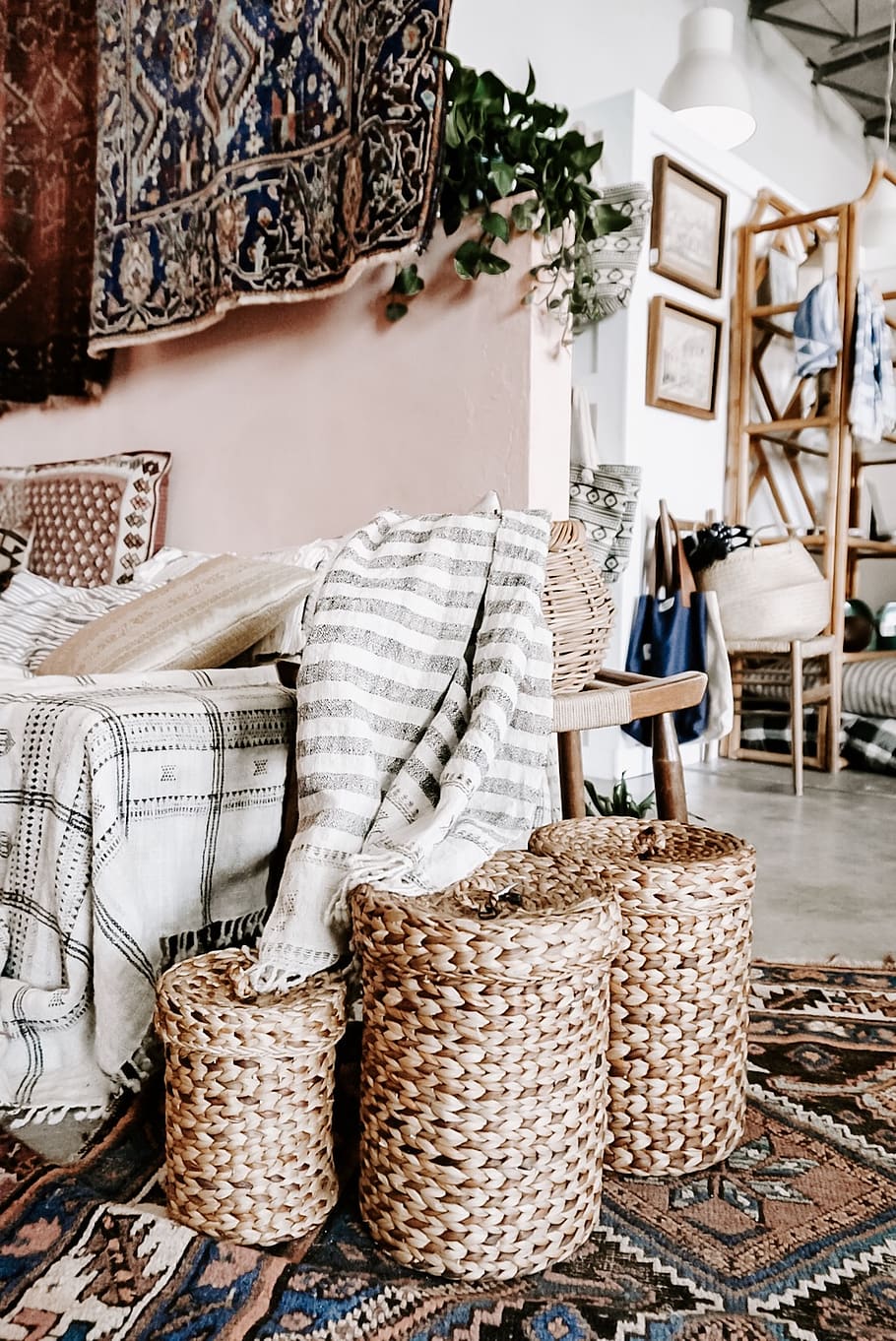 empty sofa with three woven nesting baskets, container, wicker HD wallpaper