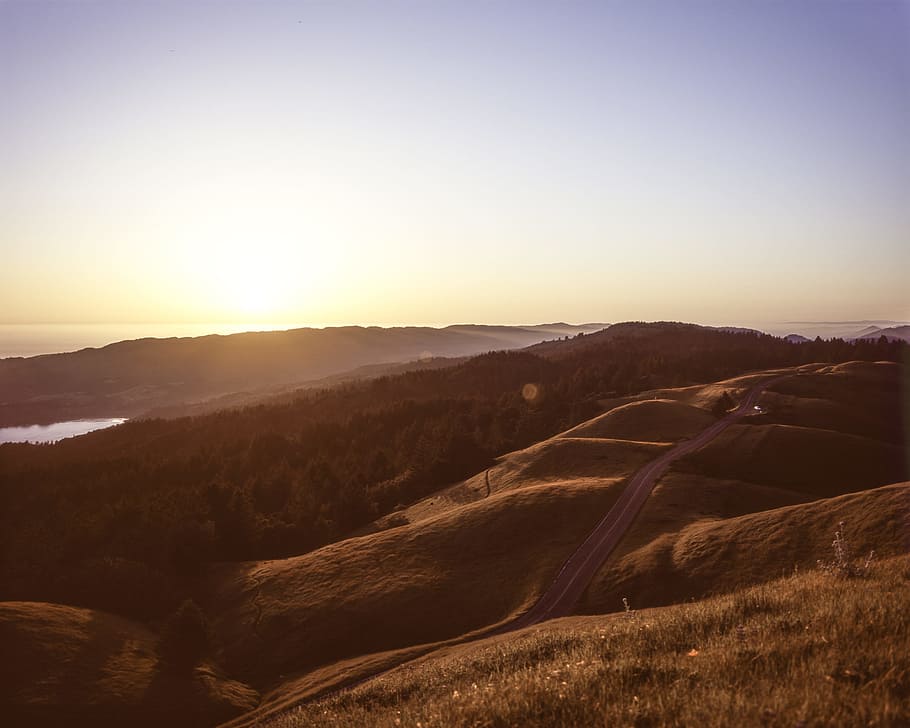 brown mountain, road, hill, sunset, sunrise, outdoors, nature HD wallpaper