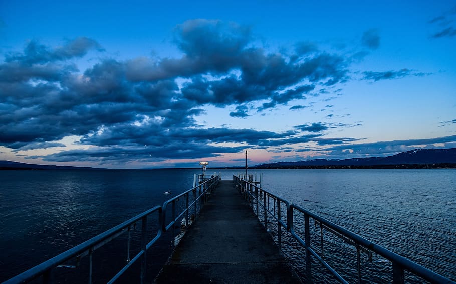 lake, sky, clouds, twilight, evening, landscape, horizon, pontoon HD wallpaper