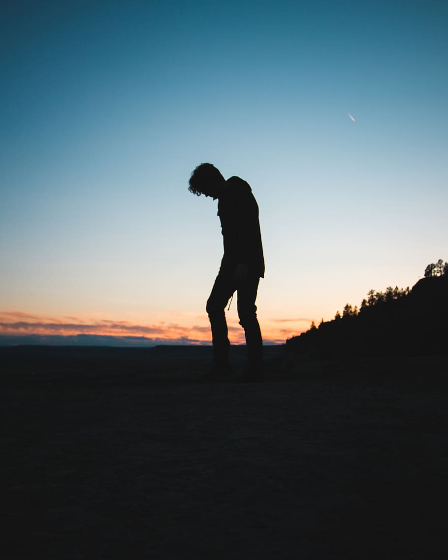 people, man, guy, alone, sad, silhouette, trees, outdoor, sunset HD wallpaper