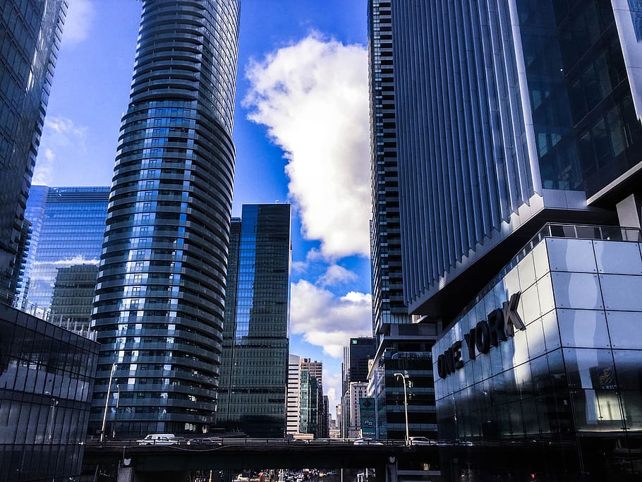 toronto, canada, blue, metal, clouds, reflection, sunny, buildings, HD wallpaper