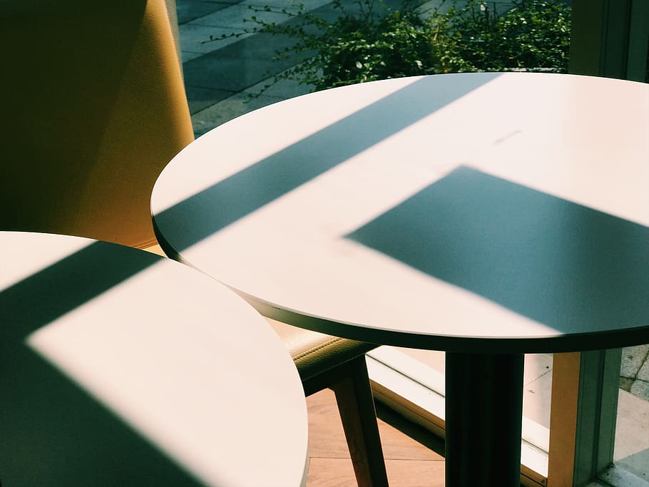round white wooden table, seat, chair, shadow, sunlight, day HD wallpaper