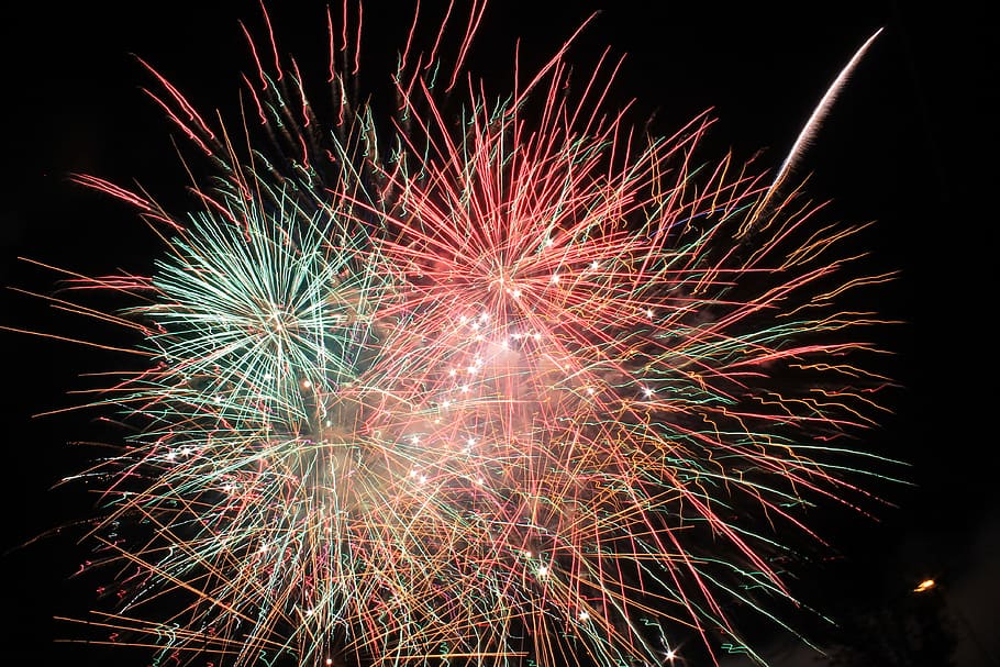 Pink and Green Fireworks Display during Nighttime, bright, colors HD wallpaper