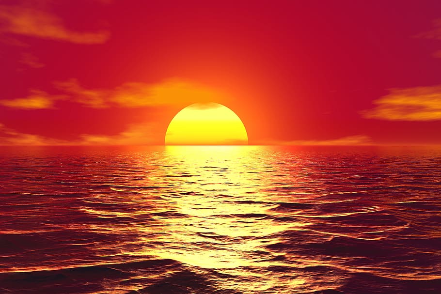 sunset, sea, sky, reflection, water, ocean, evening, landscape HD wallpaper