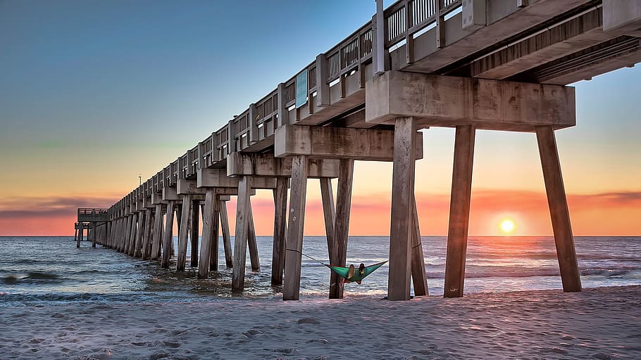 Brown Wooden Dock on Beach, dawn, hammock, ocean, pier, sand HD wallpaper